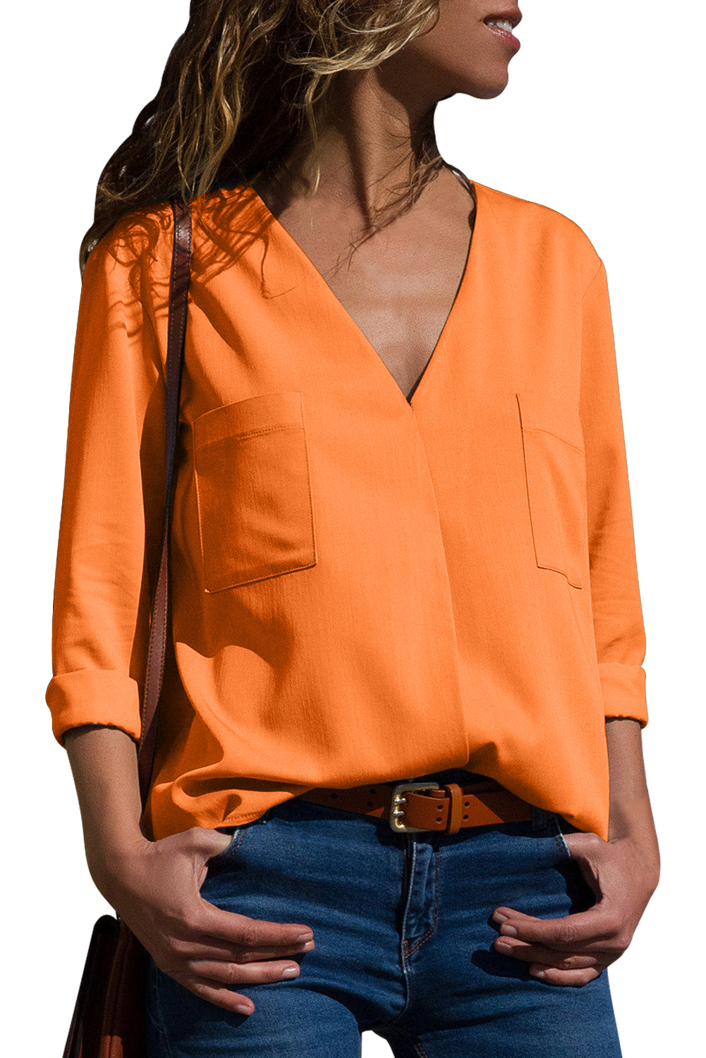 Оранжевая блуза на запах с V-образным вырезом и нагрудными карманами -  купить оптом