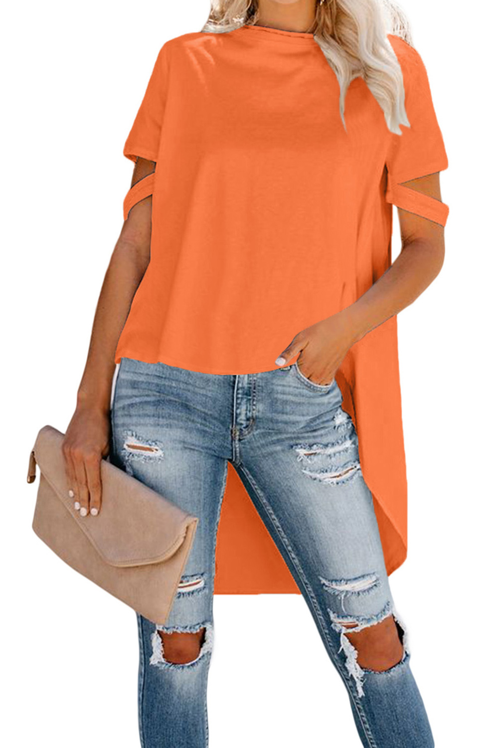 Оранжевая блуза-туника с удлинением сзади и разрезами на рукавах арт.108764  - купить в Краснодаре