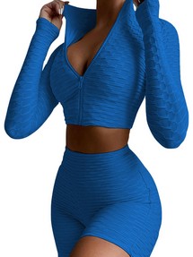 Синий спортивный комплект с текстурой в рубчик: укороченный джемпер на молнии + шорты с высокой талией